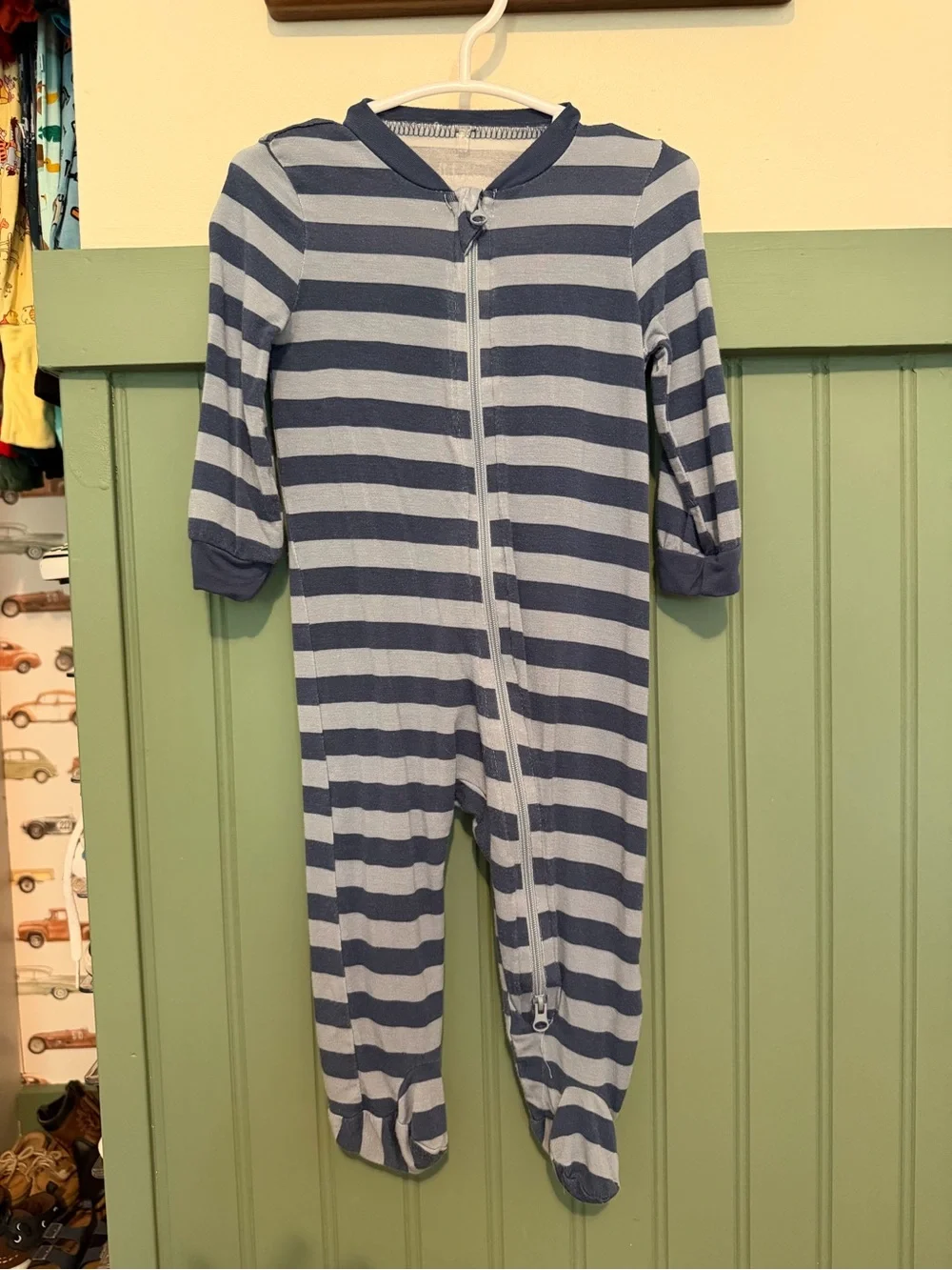 Striped Navy Blue Kids One-Piece Zipper Footed Pajamas